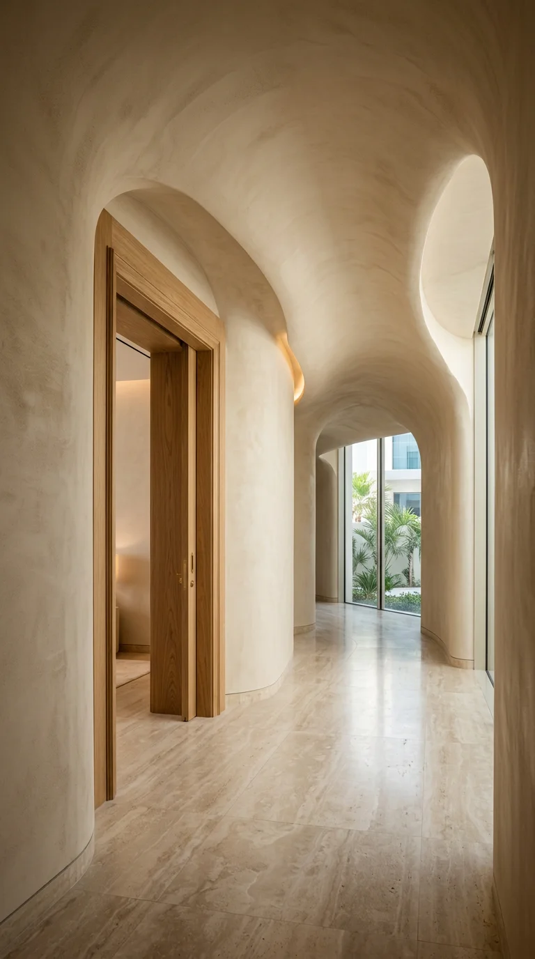 Interior concept showing curved gypsum detailing and a warm oak doorway
